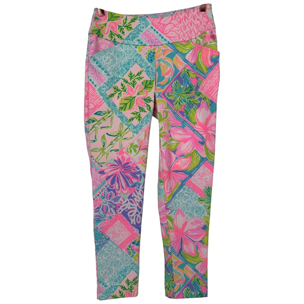 Lilly Pulitzer Womens UPF 50 Luxletic Corso Pants Floral Flamingo Patchwork Sz 0